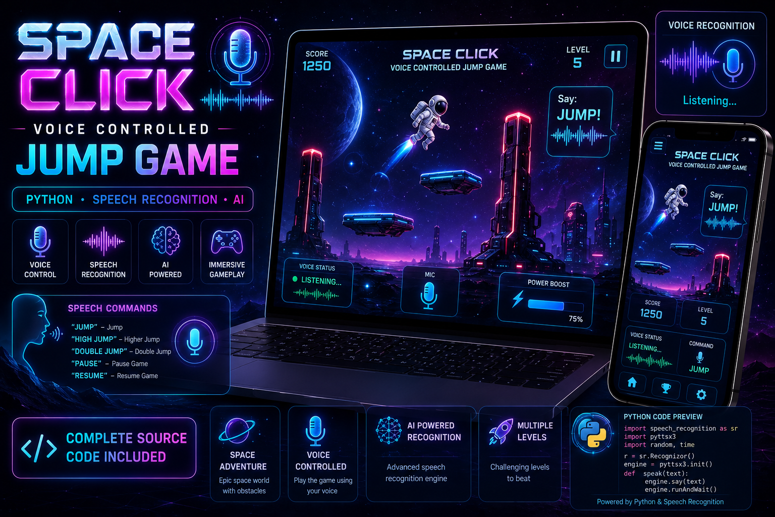 Space Click Voice Controlled Jump Game Using Python Source Code